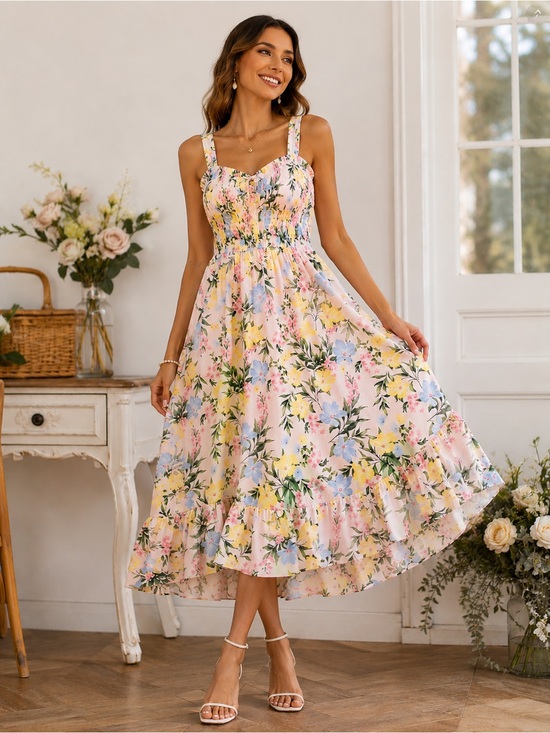 Grace Karin Dresses & Skirts - Grace Karin Pastel Floral Midi Dress in Pink, Yellow & Blue